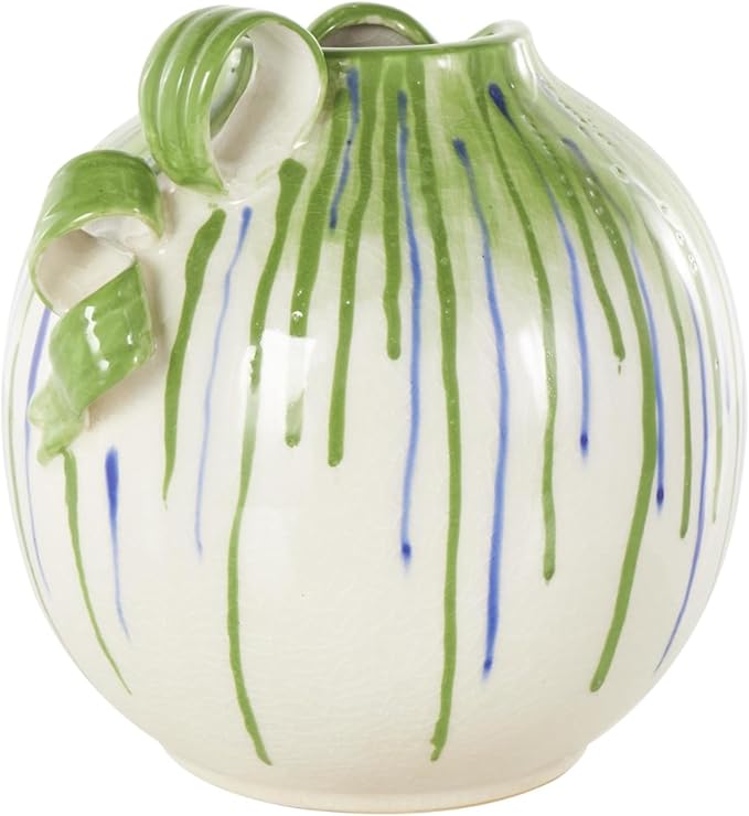 Deco 79 Ceramic Abstract Decorative Vase Centerpiece Vases with Green and Blue Drip Design and Handles, Flower Vases for Home Decoration 11" x 10" x 11", White