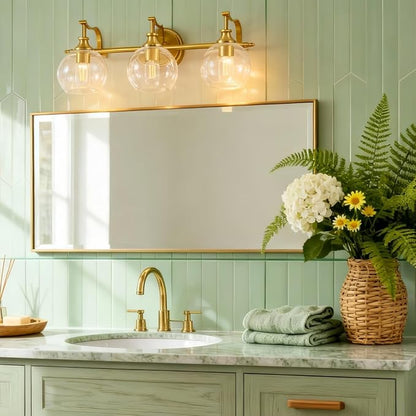 ANDY STAR Bruhsed Gold Bathroom Light Fixtures, Gold 3 Light Bathroom Vanity Lights, 3 Lights Wall Light with Globe Clear Lampshade, Vintage Brass Sconce with Metal Lamp Body for Bedroom, Living Room