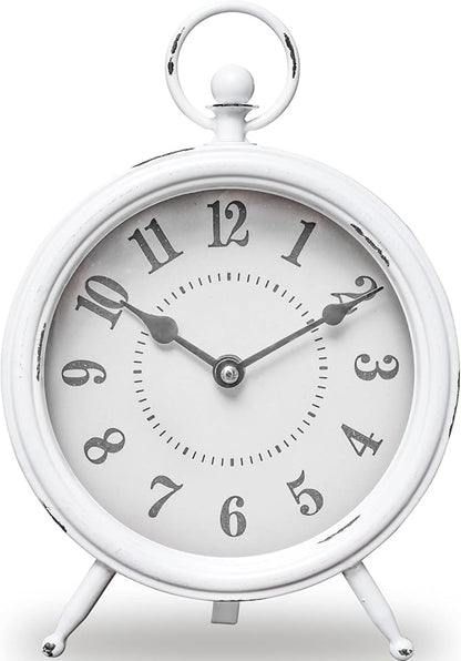 Vintage Rustic White Table Clock on Stand, Decorative Desk & Shelf Clock, Rustic Mantel Farmhouse Non-Ticking