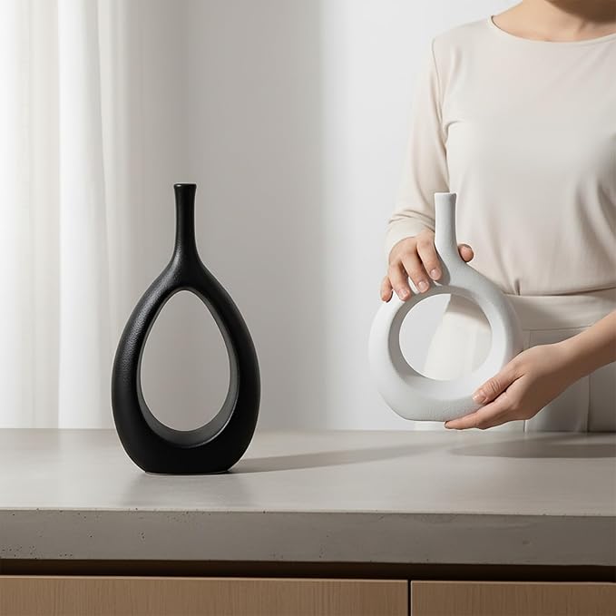 Ceramic Vase Set of 2, Modern Minimalist Boho Hollow Flower Vases, Decorative Vase for Home Decor, Living Room, Bedroom, Bookshelf, Entry Table, Kitchen and Dining Table