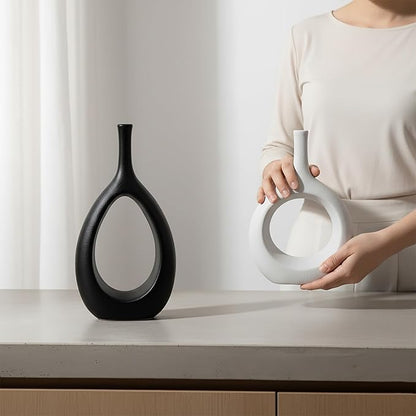 Ceramic Vase Set of 2, Modern Minimalist Boho Hollow Flower Vases, Decorative Vase for Home Decor, Living Room, Bedroom, Bookshelf, Entry Table, Kitchen and Dining Table