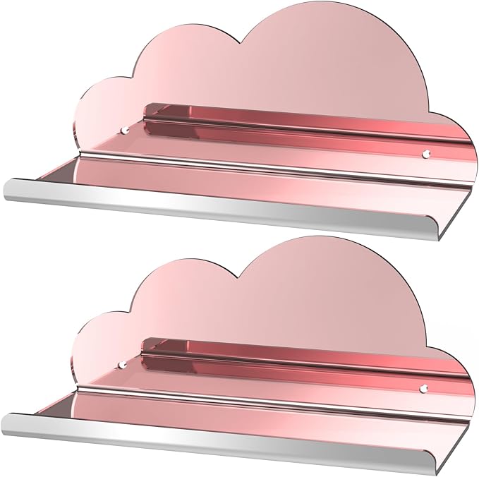 NiHome 2-Pack Rose Gold Mirror Finish Cloud-Shaped Acrylic Floating Shelves - Stylish Wall Decor for Bedrooms, Bathroom Vanity & More - Versatile Mirrored Shelves for Decorative Display and Storage