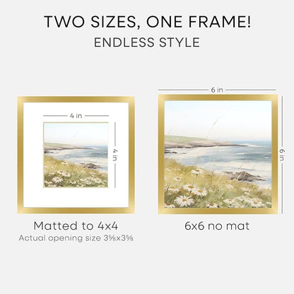 Homeforia 6x6 Picture Frame Gold, High End Metal 6 x 6 Square Photo Frames with Mat 4 by 4, 6x6 Poster Frame Matted to 4x4 inches Print, 6by6 Wall or Tabletop Frame, Tempered Glass, Wall Kit, Set of 1