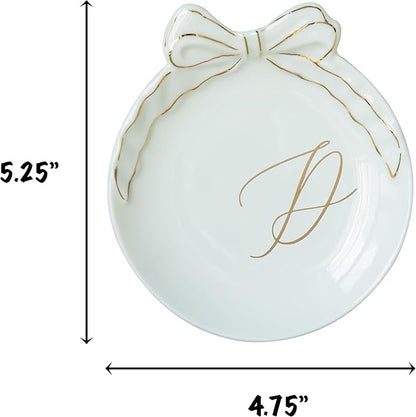 COLLECTIVE HOME - Personalized Initial Ceramic Jewelry Tray with Bow, Christmas Gift Ideas for Women, Small Gift for Girlfriend Wife, Ring Holder, Earrings Dish, Birthday Gift for Her (D)
