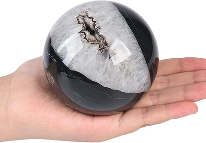 JIC Gem 3.1-3.5 inch(80-90mm) Large Black Onyx Agate Large Crystal Ball Round Healing Crystals Decorative Sphere with Wooden Stand Meditation Witchcraft Home Decor