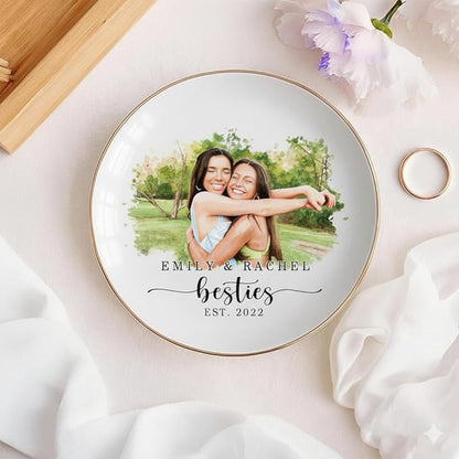 Custom Photo Watercolor Friend Ring Dish, Personalized Bestie Jewelry Dish, Soul Sister Trinket Dish Gift for Long Distance Friendship Women BFF Christmas Birthday Wedding Gift