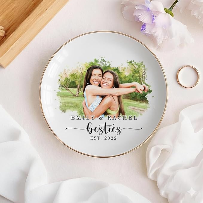 Custom Photo Watercolor Bestie Ring Dish, Personalized Best Friend Jewelry Dish, Soul Sister Trinket Dish Gift for Long Distance Friendship Women BFF Christmas Birthday Wedding Gift