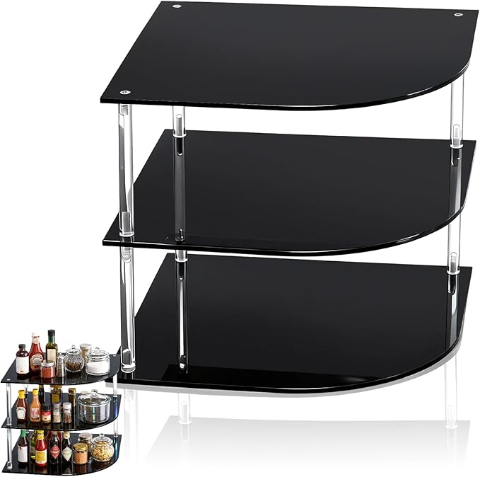 Novabright Acrylic Kitchen Cabinet Organizer with 3 Tier Acrylic Spice Organizer 10 x 10 x 4.17 Inch Black Plate Display Rack Fan Shaped Shelf for Kitchen Bathroom Countertop Desk Dishes Bowls Storage
