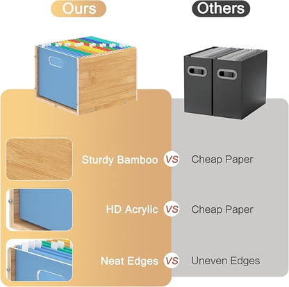 Hanging File Organizer, Clear Acrylic File Box Organizer, Bamboo Filing Box File Crate Organizer Storage Boxes, Portable Filing Folder with Handle for Letter Size