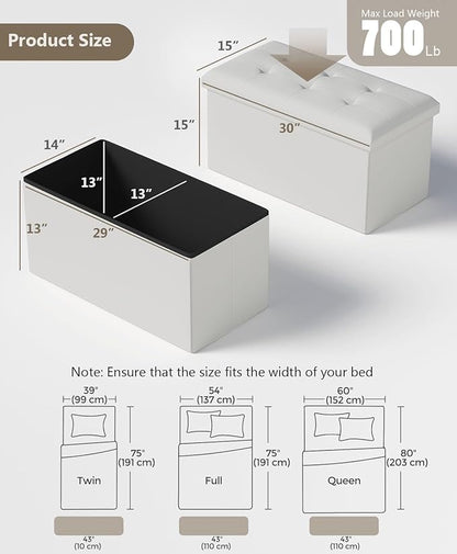 Folding Storage Ottoman Bench, Multi-Functional Ottoman Footrest, End of Bed Bench, Storage Chest for Living Room, Bedroom, Hallway, Entryway, Holds Up to 600 lbs (White, 30 Inches)