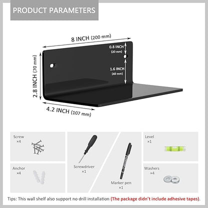 Sezanrpt 8 Inch Black Small Wall Shelves, Acrylic Wall Mounting Ledges Display, Acrylic Black Shelf for Figures, Collectibles, Plants, Décor, Toiletries, 4'' Depth, 2 Pack