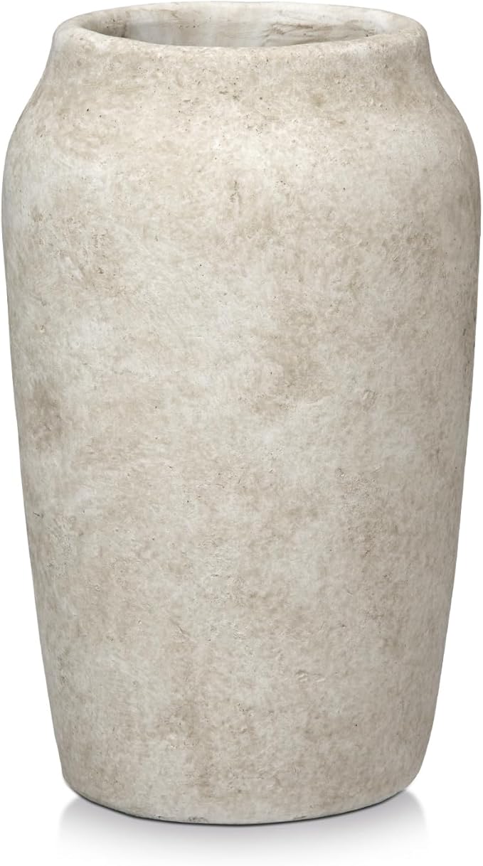 Briful 9.06'' Large Ceramic Rustic Vase Shabby Vintage Textured Vase, 4.33'' Wide Mouth Pampas Vases for Fake Flowers Branches, Farmhouse Home Décor, Weddings Shelf Table Decor,Heige