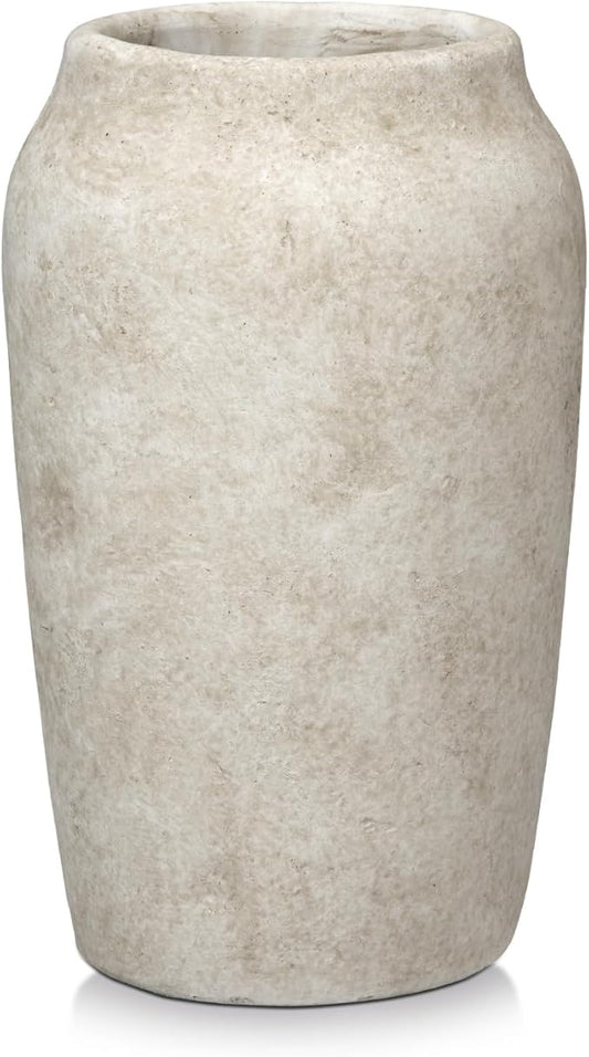 Briful 9.06'' Large Ceramic Rustic Vase Shabby Vintage Textured Vase, 4.33'' Wide Mouth Pampas Vases for Fake Flowers Branches, Farmhouse Home Décor, Weddings Shelf Table Decor,Heige