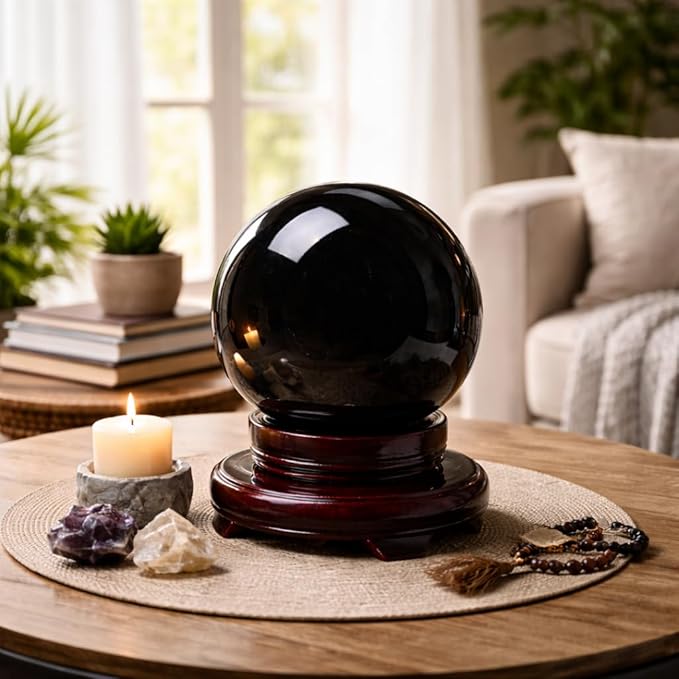 Mina Heal Large Black Obsidian Sphere for Meditation, Feng Shui, Protection, and Crystal Healing – Rare Handcrafted Large Obsidian Crystal Ball (140mm Diameter)