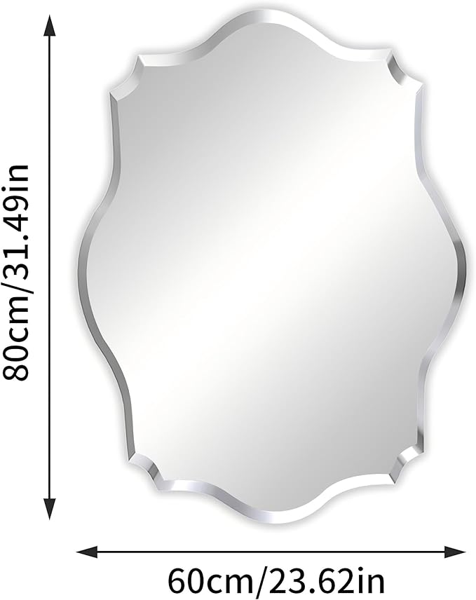 Frameless Scalloped Wall Mirror: Decorative Scallop Oval Mirrored Glass Vanity with Beveled Silver Edge for Bathroom Bedroom Livingroom Dining Room Entryway Hallway, 32 x 24 inch