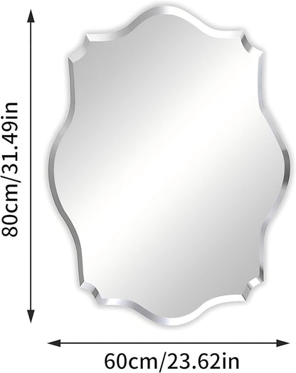 Frameless Scalloped Wall Mirror: Decorative Scallop Oval Mirrored Glass Vanity with Beveled Silver Edge for Bathroom Bedroom Livingroom Dining Room Entryway Hallway, 32 x 24 inch
