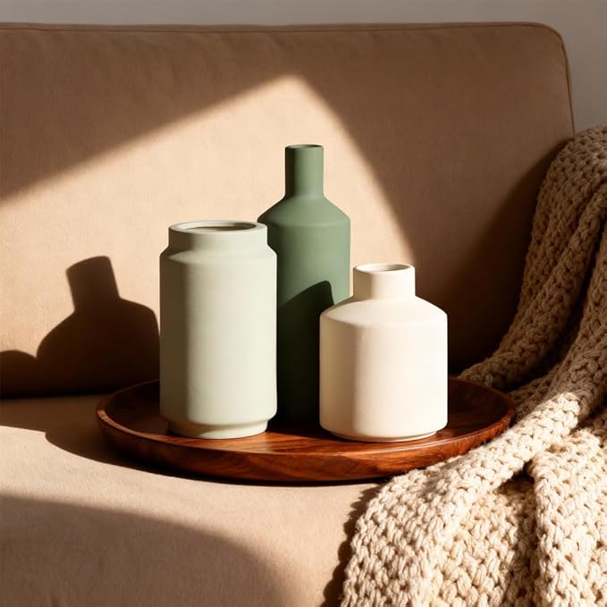 Neutral Ceramic Vase Set of 3 – Modern Decorative Vases, Small Flower Pottery Vase Sets, Boho Farmhouse Rustic Vases for Living Room, Kitchen, Bedroom, Bathroom, Shelf, Table