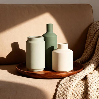 Neutral Ceramic Vase Set of 3 – Modern Decorative Vases, Small Flower Pottery Vase Sets, Boho Farmhouse Rustic Vases for Living Room, Kitchen, Bedroom, Bathroom, Shelf, Table