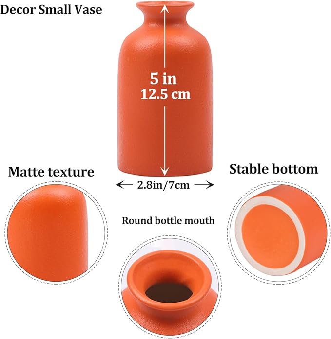 Orange Bud Vases Set of 6 - Mini Orange Ceramic Vases for Flowers, Modern Bud Vase for Table Decor, Boho Small Vase for Home Decor, Centerpieces in Bulk for Wedding, Home, Table, Party Decor