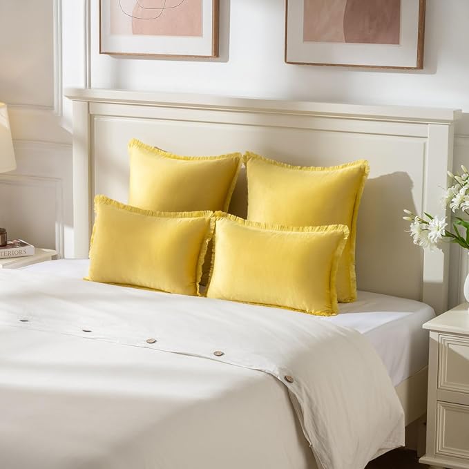 FUTEI Lemon Yellow Velvet Decorative Throw Pillow Covers 16x16 Set of 2,Soft Cozy Edge with Tassels Cushion Case,Boho Modern Home Decor for Couch Bed Living Room