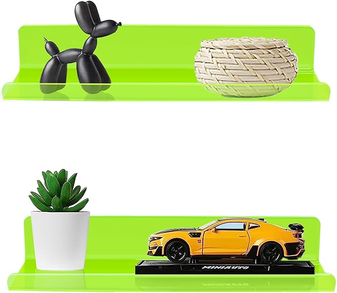ROYALITA Small Acrylic Shelves Wall Mounted | Set of 2 | 12 Inches | Wall Hanging Plant Display Shelves, Room Decor Floating Wall Shelves for Gaming Room Bedroom, Living Room, Office, Green