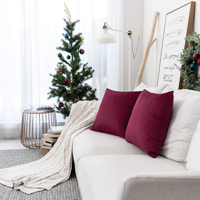Set of 2 Comfortable Velvet Throw Pillow Cases, Decorative Solid Cushion Covers for Sofa Couch and Bed - 20"x20", Burgundy