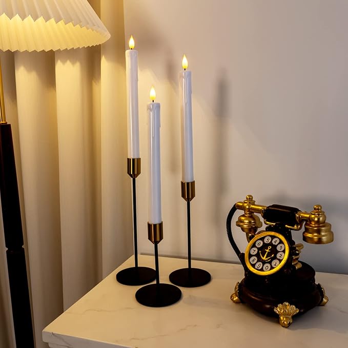 Homemory 3 Pcs Flameless Taper Candles with Remote Timer Dimmer, 9.6" White Flickering Candlesticks Battery Operated, Realistic Plastic LED Candles for Fireplace Wedding Seasonal Indoor Decorations
