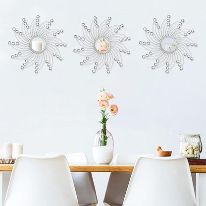 Uaussi 3 Pack Crystal Sunburst Wall Mirror Décor Rhinestone Mirrors Decorative Home Wall Art for Living Room Bedroom Entryway(Curle Burst Silver)