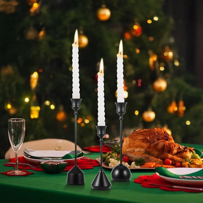 Elegant Vintage Black Candlestick Holders, Set of 3 Taper Candle Holders with Weighted Base for Wedding, Dining Table, Holiday Decor