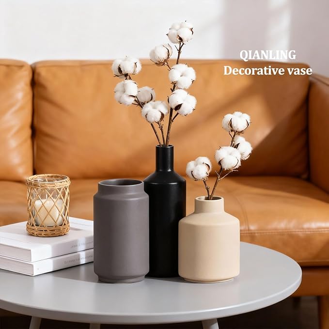 Ceramic Vase Set of 3 - Modern Neutral Vases Home Decor, Minimalism Decorative Vases, Boho Decor Small Flower Vase for Shelf, Dining Table Entryway Mantel Centerpiece Bookshelf Living Room Bathroom