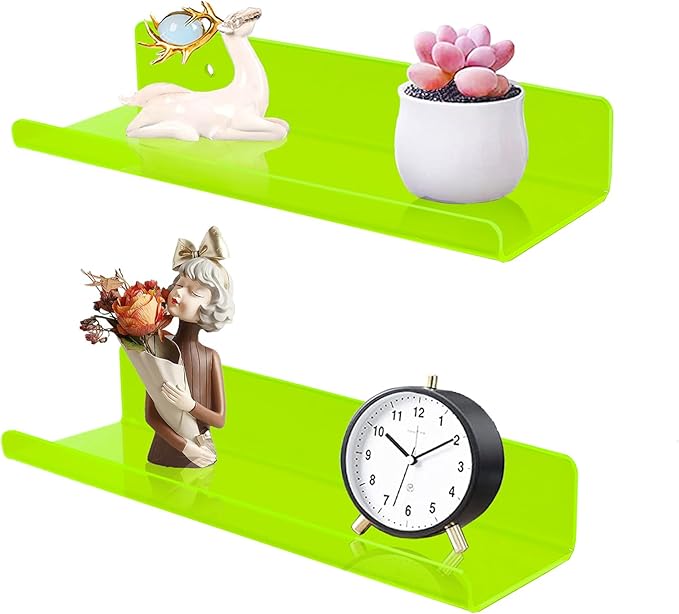 ROYALITA Small Acrylic Shelves Wall Mounted | Set of 2 | 12 Inches | Wall Hanging Plant Display Shelves, Room Decor Floating Wall Shelves for Gaming Room Bedroom, Living Room, Office, Green