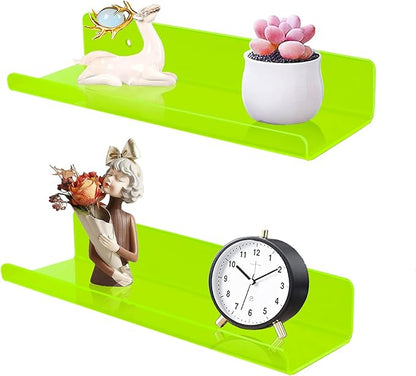 ROYALITA Small Acrylic Shelves Wall Mounted | Set of 2 | 12 Inches | Wall Hanging Plant Display Shelves, Room Decor Floating Wall Shelves for Gaming Room Bedroom, Living Room, Office, Green