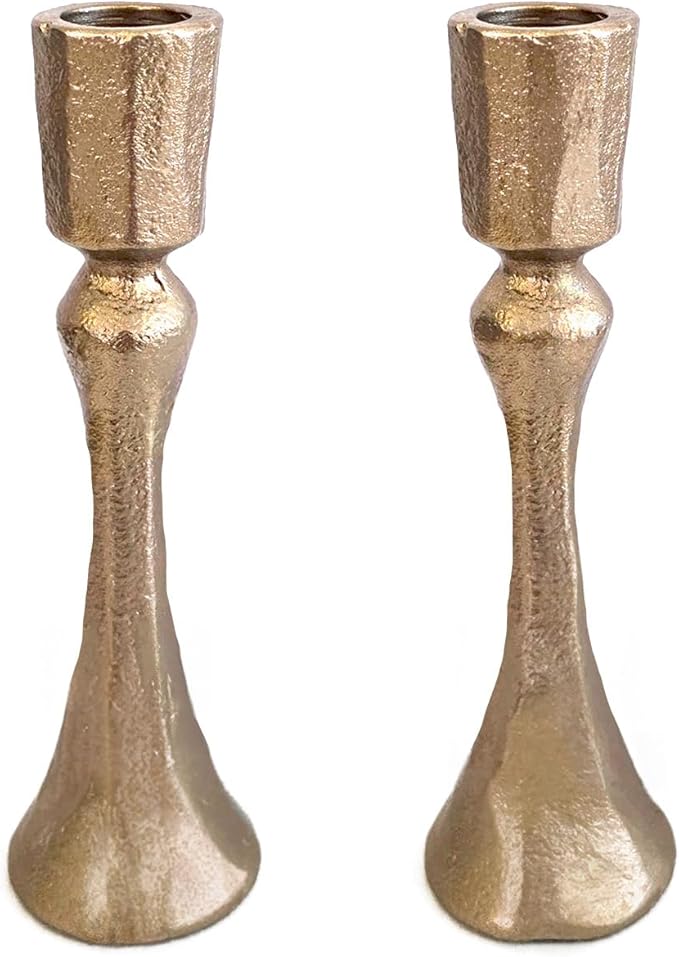 Yair Emanuel Tapered Shabbat Candle Holders Pair – Rustic Sculpted Design in Brass or Silver Finish Judaica Gift for Weddings, Shabbat and Holidays (Ancient Brass, 4.7 Inch)