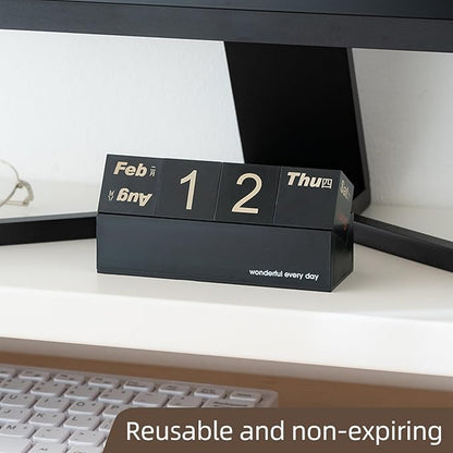 Block Calendar for Desk, Daily Desktop Perpetual Desk Calendar, Cute Date Display Blocks Desk Accessory for Home Office Decor, Teacher, Classroom, Reusable Yearly (Black, No phone holder)