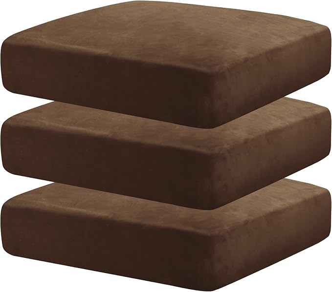 MAXIJIN Velvet Stretch Cushion Covers Fitted Couch Cushion Slipcovers Sofa Seat Cushion Covers for Individual Cushions with Elastic Bottom (3 Piece Sofa Seat Slipcovers, Dark Coffee)