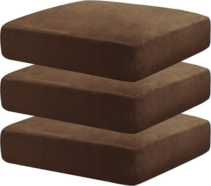 MAXIJIN Velvet Stretch Seat Cushion Covers Couch Cushion Cover for Individual Cushions Sofa Seat Cushion Slipcovers with Elastic Bottom (3 Piece XL Sofa Cushion Covers, Dark Coffee)