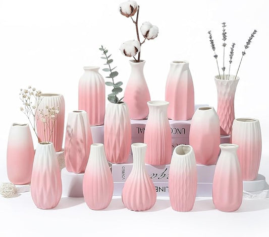 BEAHOT Ceramic Bud Vases Set of 16 – Gradient Pink and White Mini Vases for Centerpieces and Table Decor – Ideal White Bud Jars for Weddings, Boho Home Style, and Gift Ideas