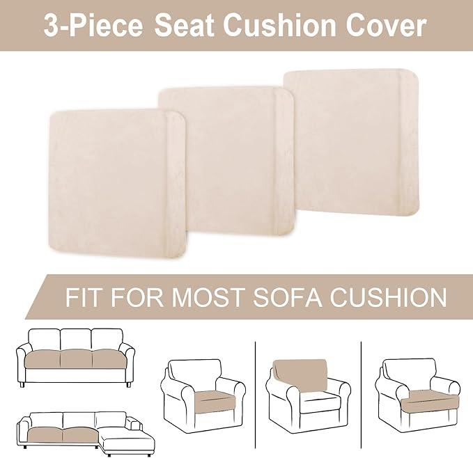 Couch Cushion Cover Velvet 3 Pieces Seat Cushion Cover Stretch Sofa Covers Separate Sectional Sofa Slipcovers Furniture Protector (3-Seater or Backrest, Beige)