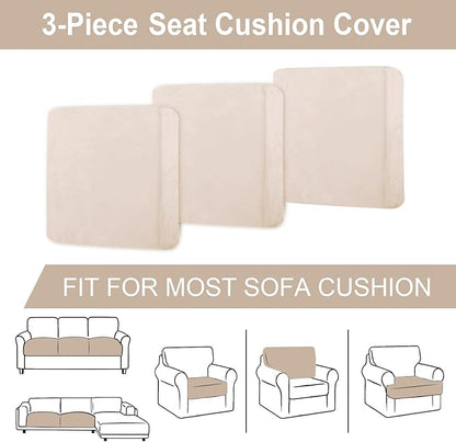 Couch Cushion Cover Velvet 3 Pieces Seat Cushion Cover Stretch Sofa Covers Separate Sectional Sofa Slipcovers Furniture Protector (3-Seater or Backrest, Beige)