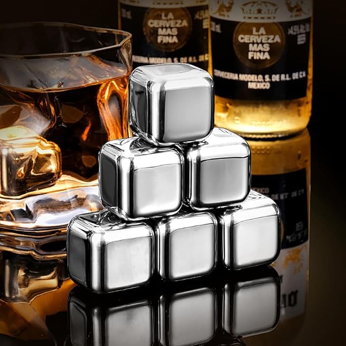 6 Small Whiskey Stones - Man Gift Set - Reusable Stainless Steel Metal Ice Sphere Cubes Beverage Chilling Rocks Whiskey Stones for Red Wine, Bar Beer, Scotch, Vodka Drinks - Silver