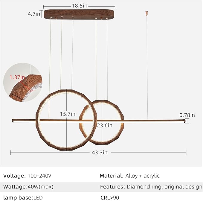 HEYAN 43" Farmhouse Pendant Light in Walnut Wood Finish, Light Fixtures Over Table，Double Multi-Faceted Metal Ring Long Linear Kitchen Island Lighting for Dining Room Table Coffee Bar Counter