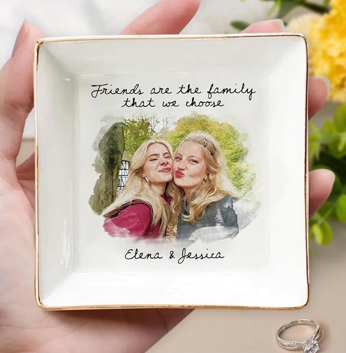 Chillever Personalized Besties Photo Ring Dish, Custom Jewelry Dish Gift for Besties, Soul Sister Trinket Gift for Long Distance Friendship Women BFF Christmas Birthday Wedding Gifts DS4