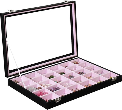 Stratalife Jewelry Organizer Earring Holder Jewelry Tray with Lid Earring Storage Drawer Organizer Earring Ring Storage for Women 30 Grid (Pink Black)