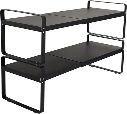 Set of 2 Black Kitchen Countertop Shelves, Expandable Cabinet Shelf Organizers, Stackable Metal Pantry Storage Shelves for Spice Rack, Cupboard