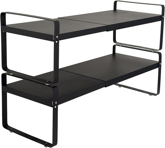 Set of 2 Black Kitchen Countertop Shelves, Expandable Cabinet Shelf Organizers, Stackable Metal Pantry Storage Shelves for Spice Rack, Cupboard