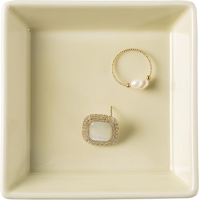 Ceramic Trinket Dish, Ring Tray, Decorative Jewelry Dish for Earrings Necklaces Watch Keys, for Women (yellow square)