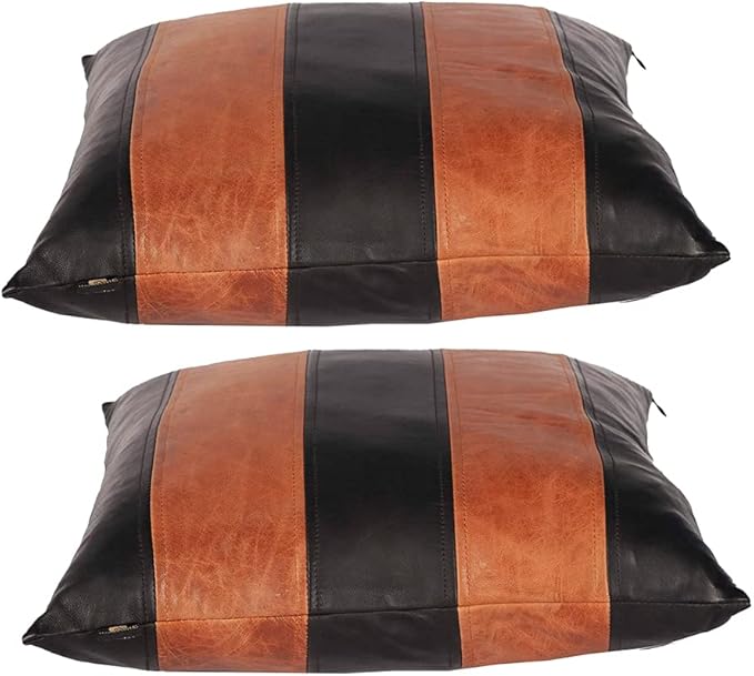 D DOLLY LAMB Lambskin Leather Pillow Cover - Sofa Cushion Case - Decorative Throw Covers for Living Room & Bedroom, 22x22 Inches - Tan and Black Pack of 2