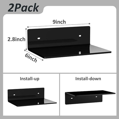 Sezanrpt 9 Inches Acrylic Wall Shelves 2 Pack, Floating Shelf for Wall Mounting, Acrylic Display Ledges for Funko Pop Figures, Home Décor, Living Room, Gaming Room, Plants(9 inch, Black)