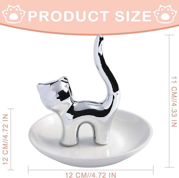 OSOPOLA Ceramic Silver Cat Jewelry Tray - Decorative Ring Holder Dish Key Tray Cute Jewelry Plate Trinket for Earrings,Necklaces,Women,Home Decor,Christmas Birthday Mother's Day Gifts HE02CT