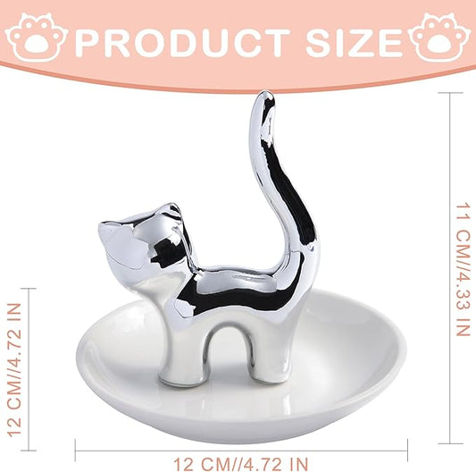 OSOPOLA Ceramic Silver Cat Jewelry Tray - Decorative Ring Holder Dish Key Tray Cute Jewelry Plate Trinket for Earrings,Necklaces,Women,Home Decor,Christmas Birthday Mother's Day Gifts HE02CT